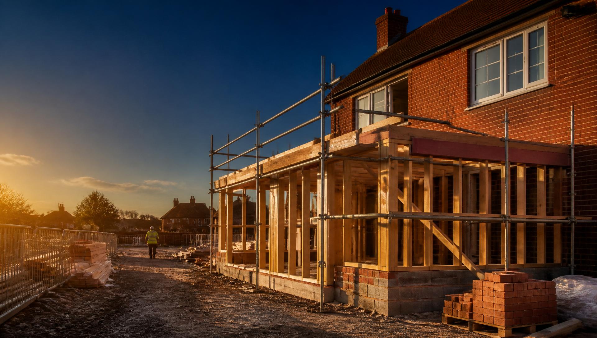 Professional UK construction site at golden hour with scaffolding and timber framing